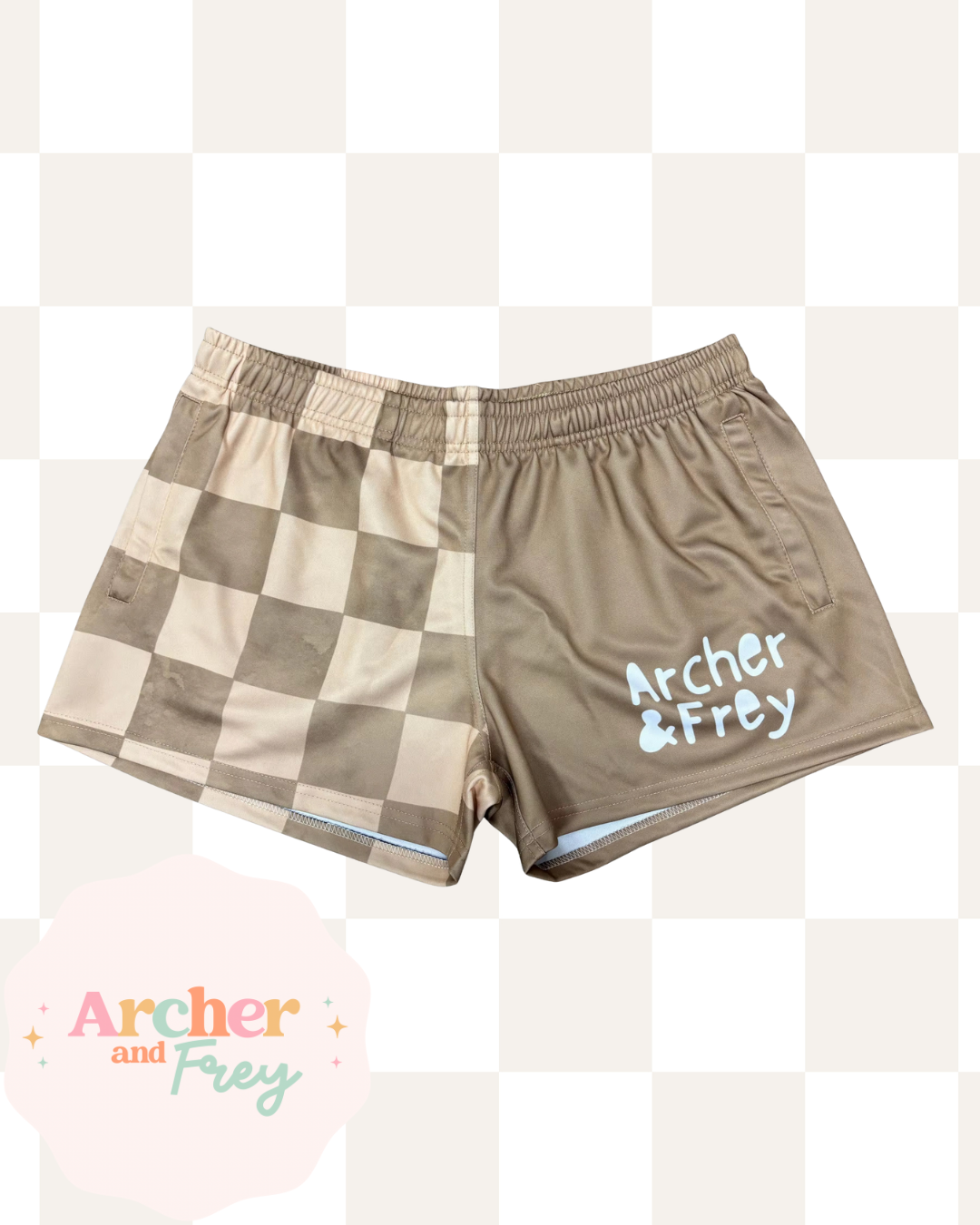 Adult Footy Shorts - Brown Checks