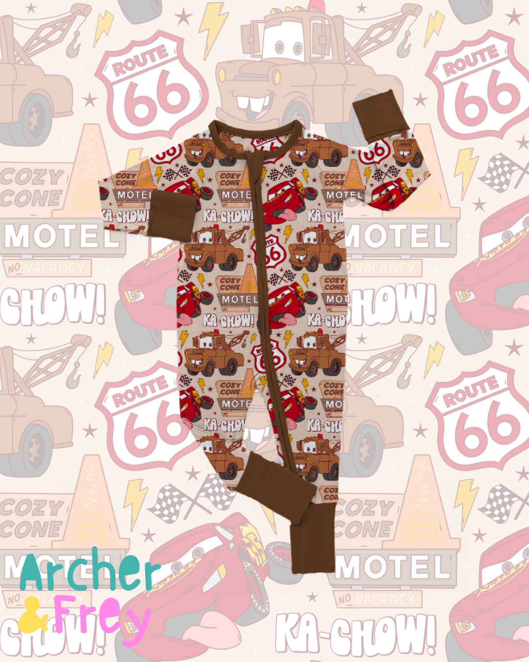 Brown Cars Bamboo Zipsuit