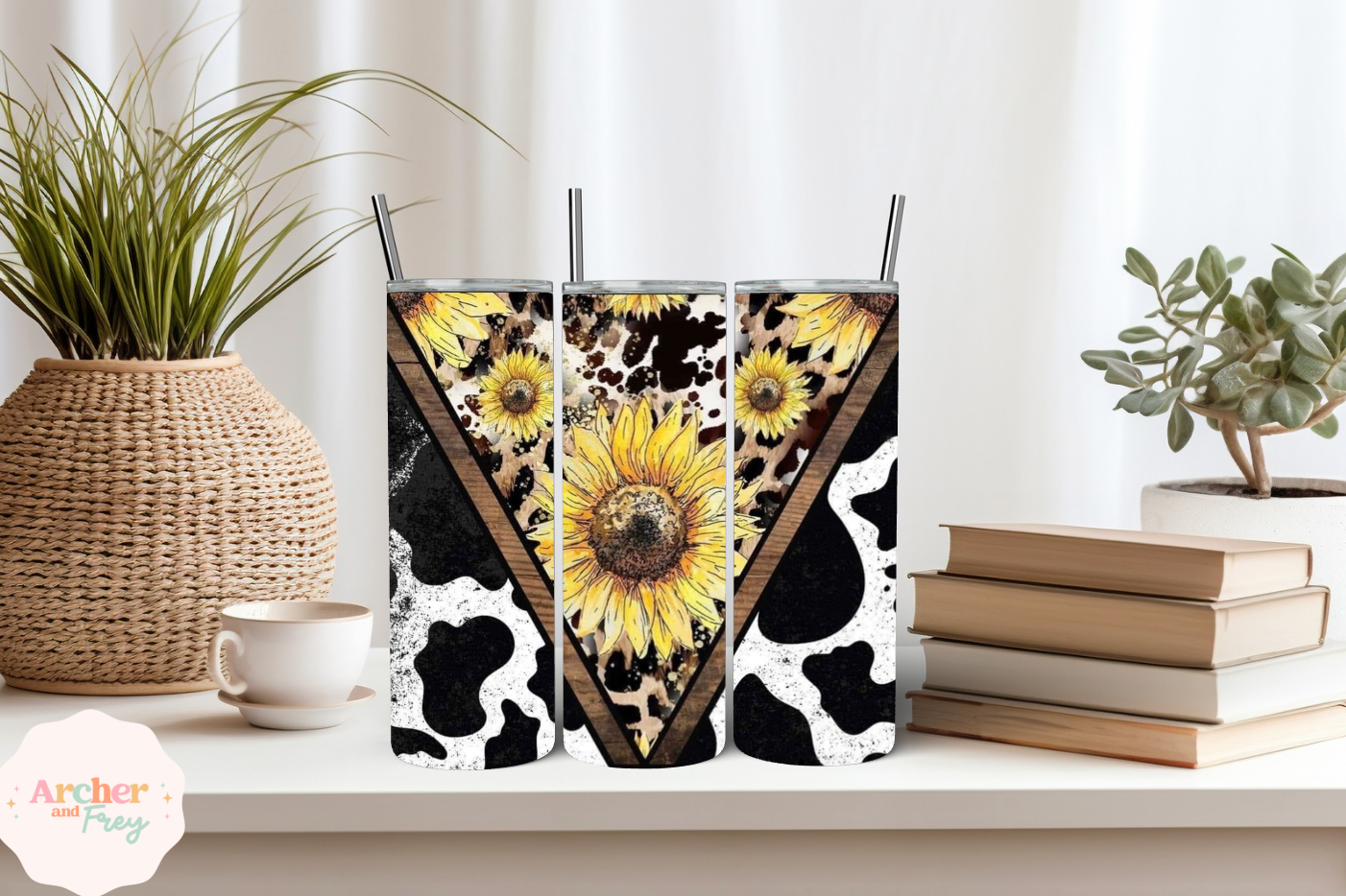 20oz Tumbler/Bottle - Cowprint & Sunflowers