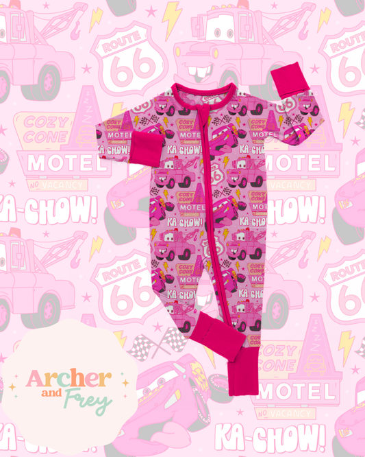 Pink Cars Bamboo Zipsuit