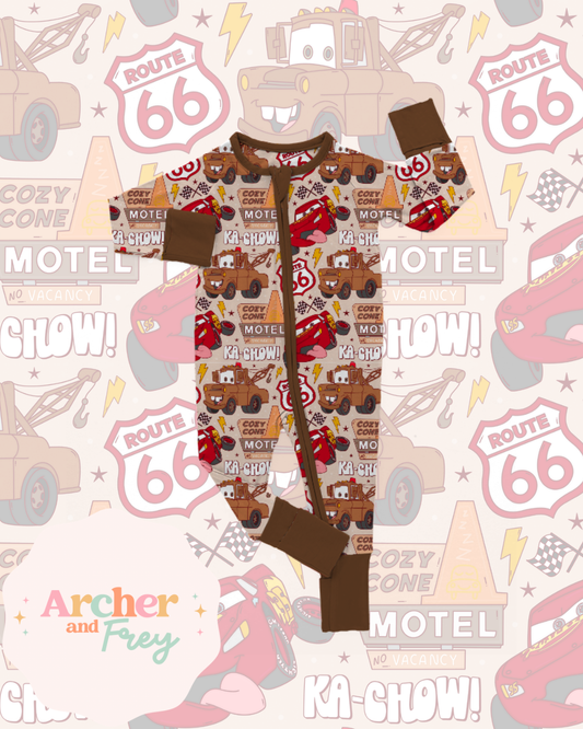 Brown Cars Bamboo Zipsuit