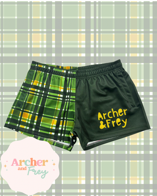 Kids Footy Shorts - Green Plaid