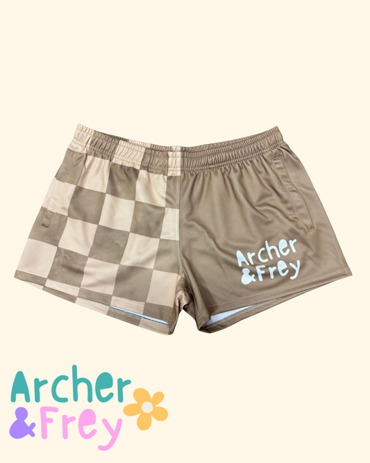 Adult Footy Shorts - Brown Checks