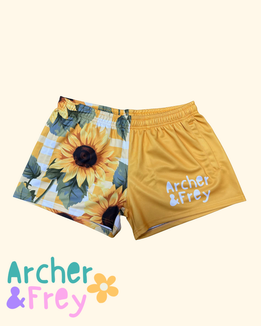 Adult Footy Shorts - Sunflower Checks